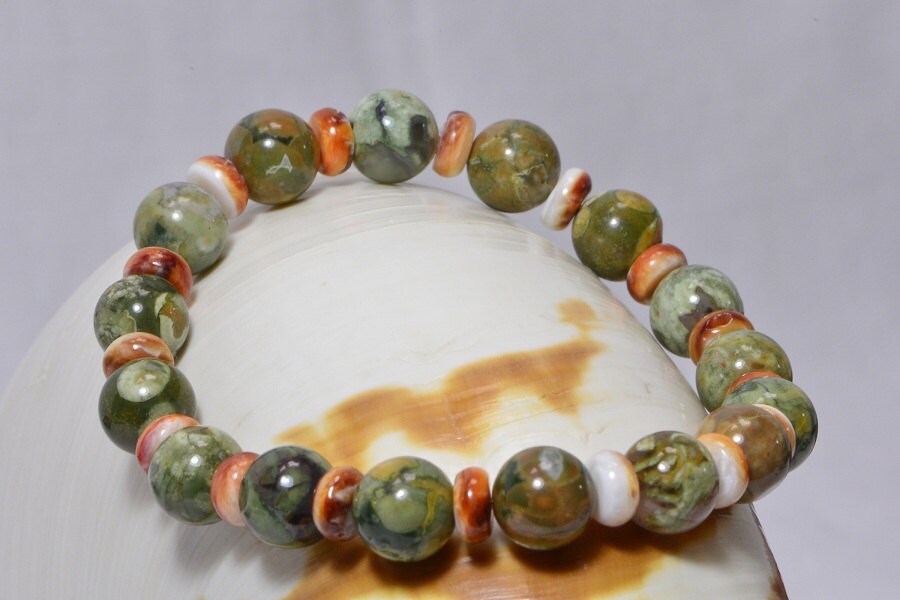 Rainforest Jasper & Oyster Shell Bracelet, 7 Inch Stretch Bracelet