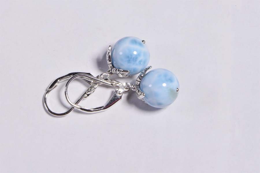 Larimar Earrings, Sterling Silver Wire Wrapped, Handmade Turtleback Stone