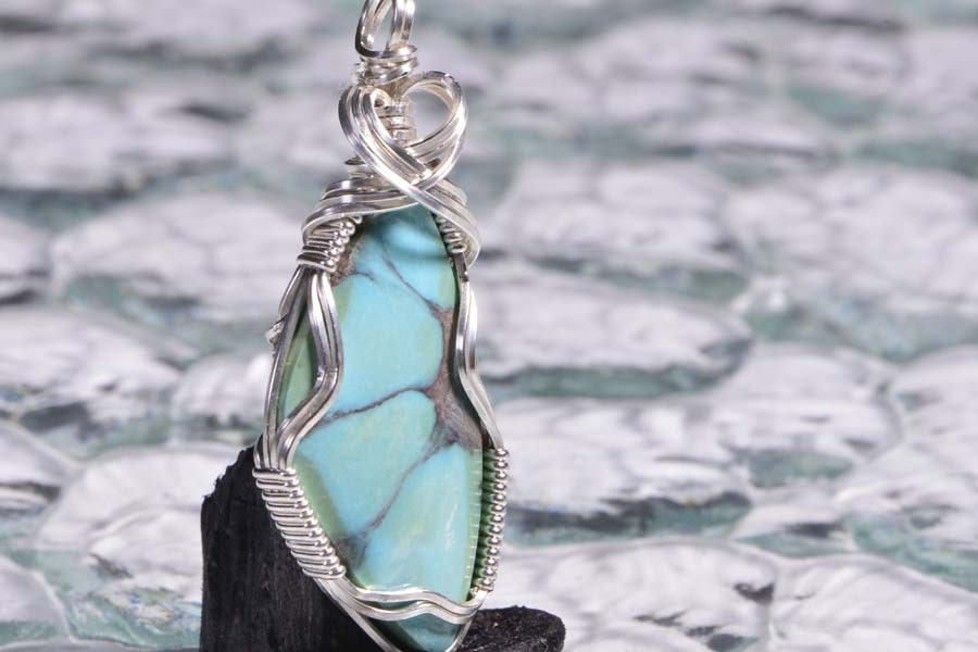 Sterling Silver Wire Wrapped Turquoise Pendant, December Birthstone
