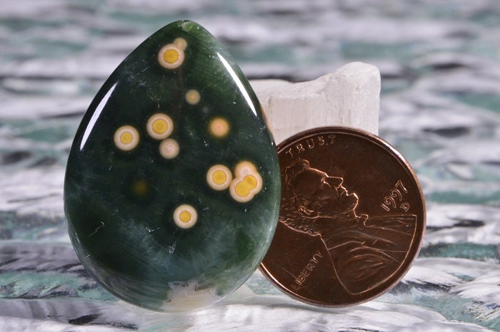 Ocean Jasper Teardrop Cabochon: Red, Green, Yellow (30x22x4.8mm)