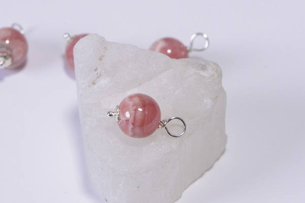 Rhodochrosite Sterling Silver Wire Wrapped Pendant, 8mm Dangle Bead