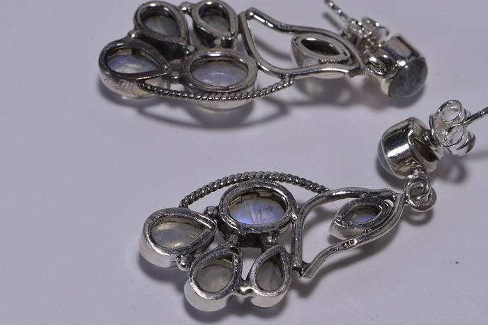 Moonstone Sterling Silver Earrings: Peacock Tail Studs