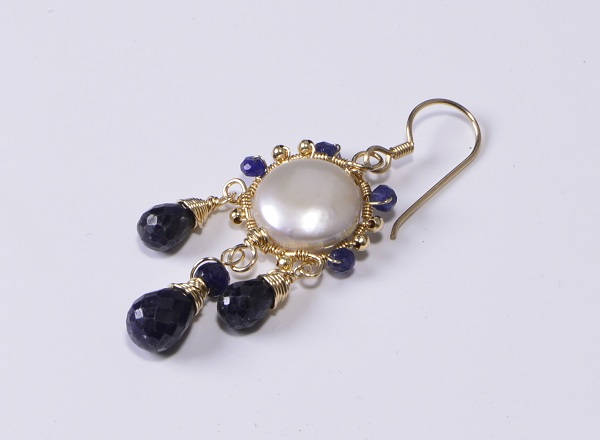 Sapphire & Pearl 14K Gold Filled Wire Wrapped Earrings