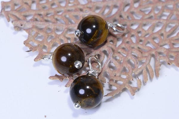 Tiger Eye Gemstone Dangle Beads, Silver Plated, Charm Beads (2 bead)