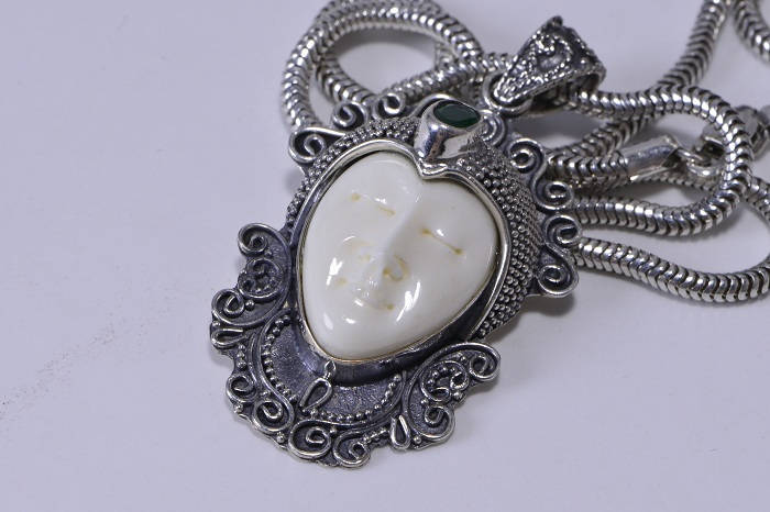 Moon Face bone carved framed on sterling silver Natural Emerald Stone Pendant Patina Jewelry