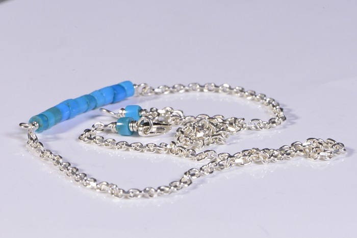 Sleeping Beauty Turquoise Bar Necklace, Sterling Silver Heishi Beads