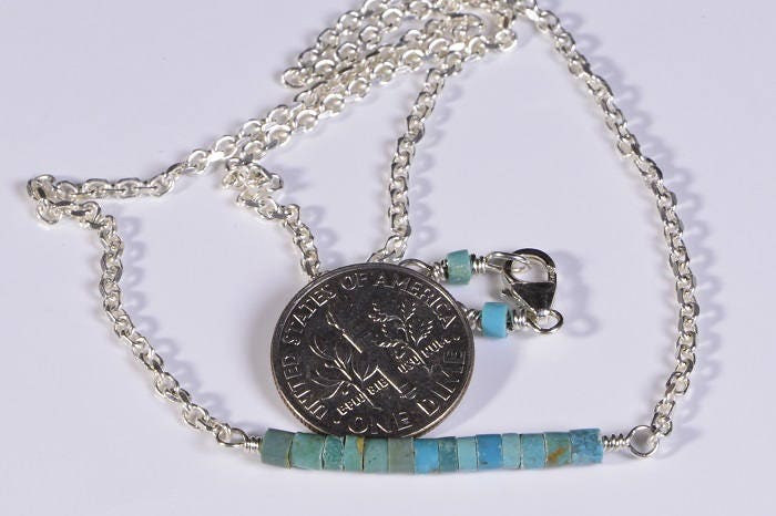 Kingman Turquoise Bar Necklace, Sterling Silver Heishi Beads