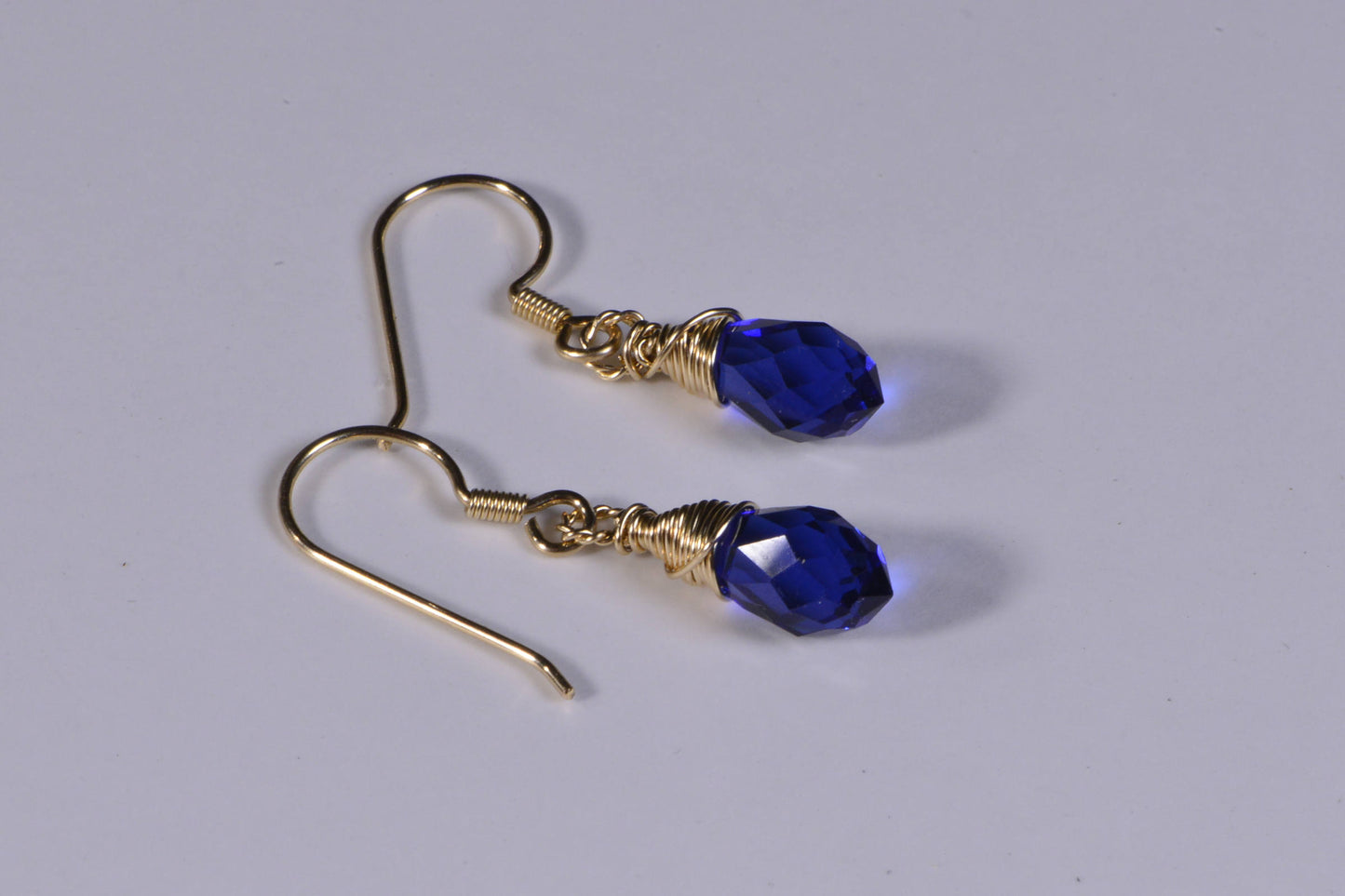 Sapphire Drop Earrings Crystal Glass Earrings 14K gold Filled Wire Wrap