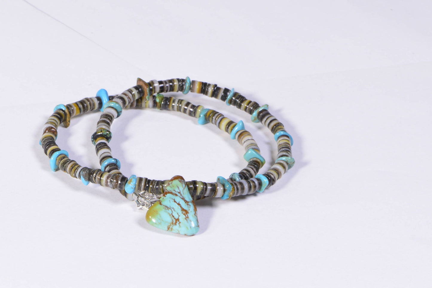 Kingman Turquoise Necklace, Sterling Silver Clasp, Oyster Shell Heishi