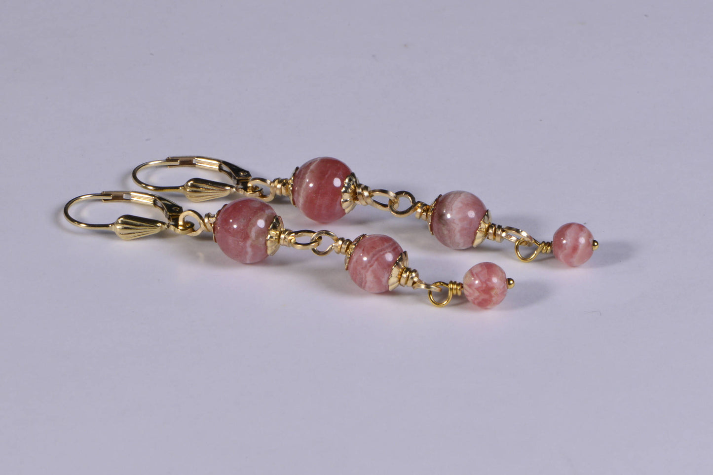 Rhodochrosite Earrings, 14K Gold Filled Wire Wrapped Dangle Earrings