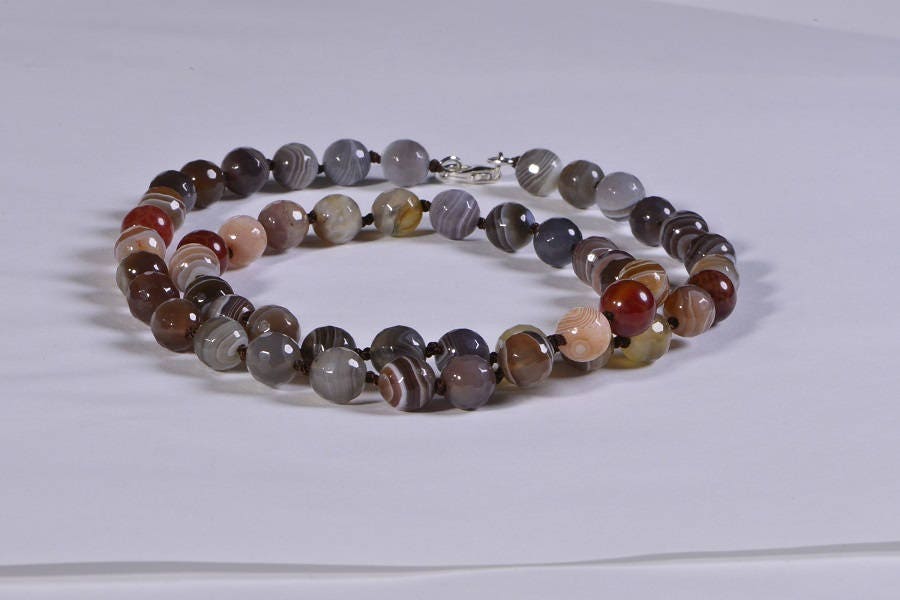 Knotted Agate Bead Necklace, Sterling Silver Clasp, 20 Inch