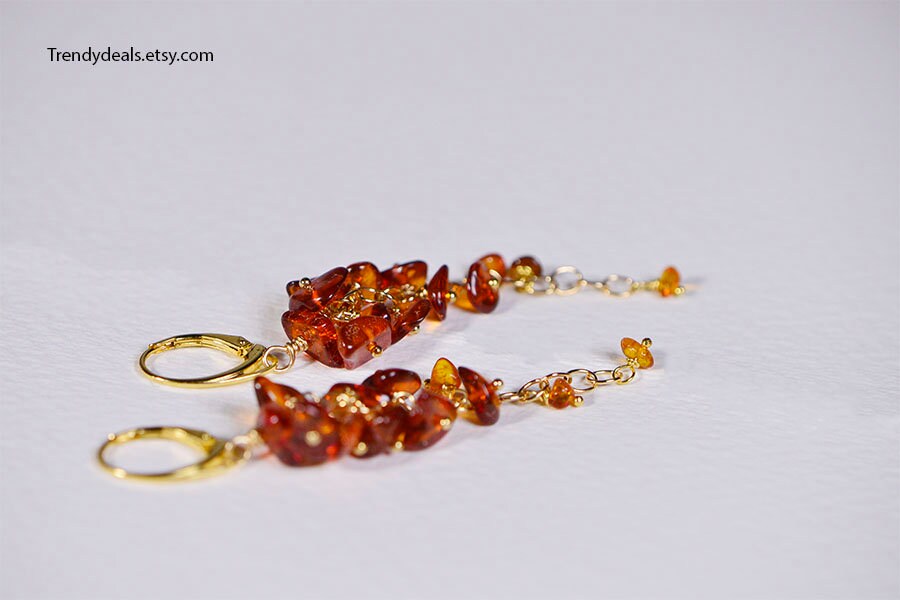 Baltic Amber Dangle Earrings, 14K Gold Filled, Honey Gemstone Cluster