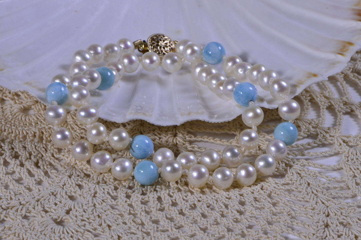 Larimar & Pearl Choker Necklace, 14k Gold Filled Clasp