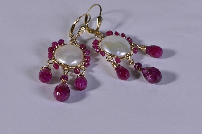 Wire Wrapped Ruby Earrings, Pearl, 14k Gold Filled