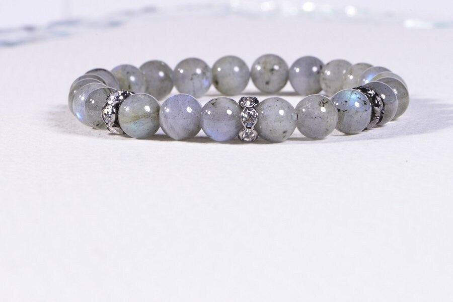 Labradorite Bracelet, Sterling Silver, Crystal Chakra, Yoga Wrist Mala