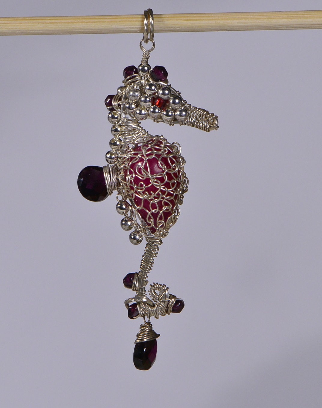 Seahorse Wire Wrapped Pendant , Sterling silver. Red Garnet. Red Onyx. Seahorse Jewelry
