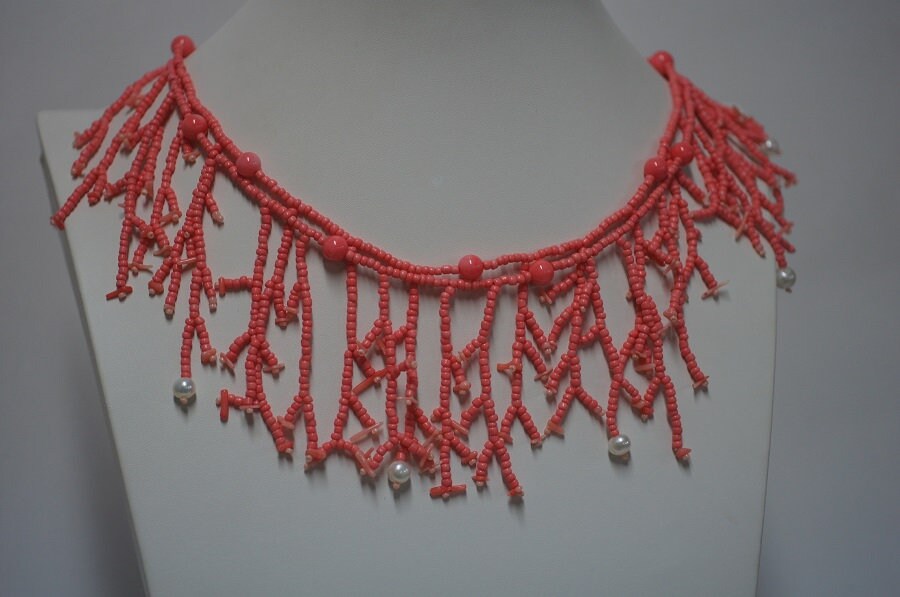 Coral & Pearl Fringe Necklace, Pink Seed Beadwork