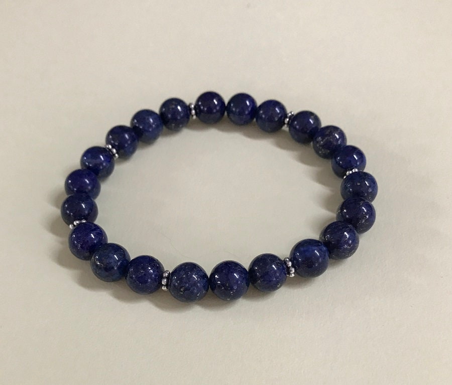 Lapis Lazuli Gemstone Bracelet, Sterling Silver Accents, Handmade