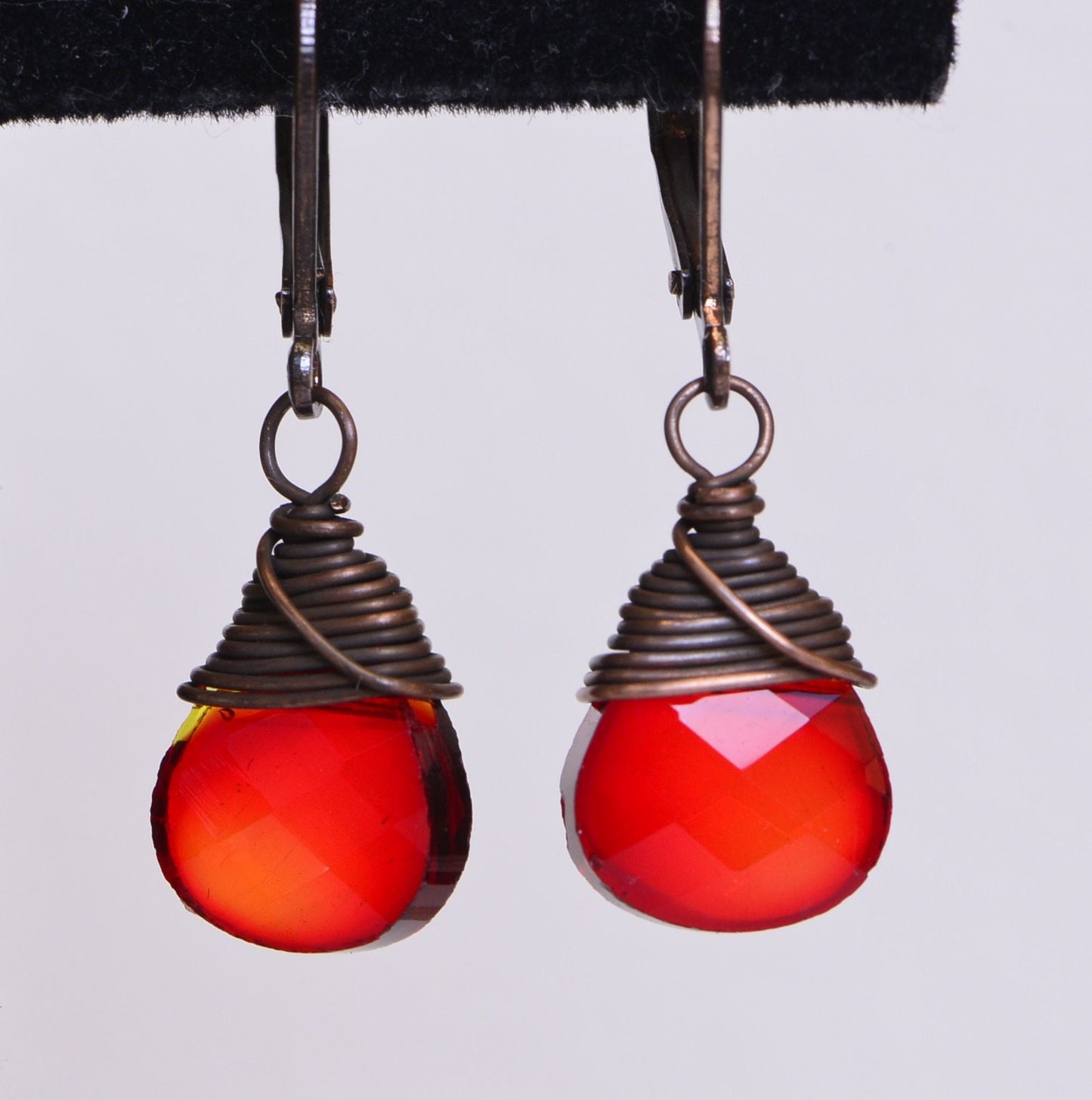 Red Crystal Briolette Earrings, Wire Wrapped Copper Jewelry