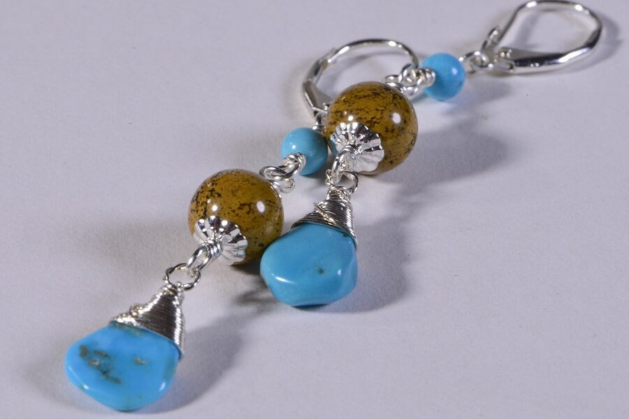 Wire Wrapped Sterling Green Gaspeite Sleeping Beauty Turquoise Native American Earrings