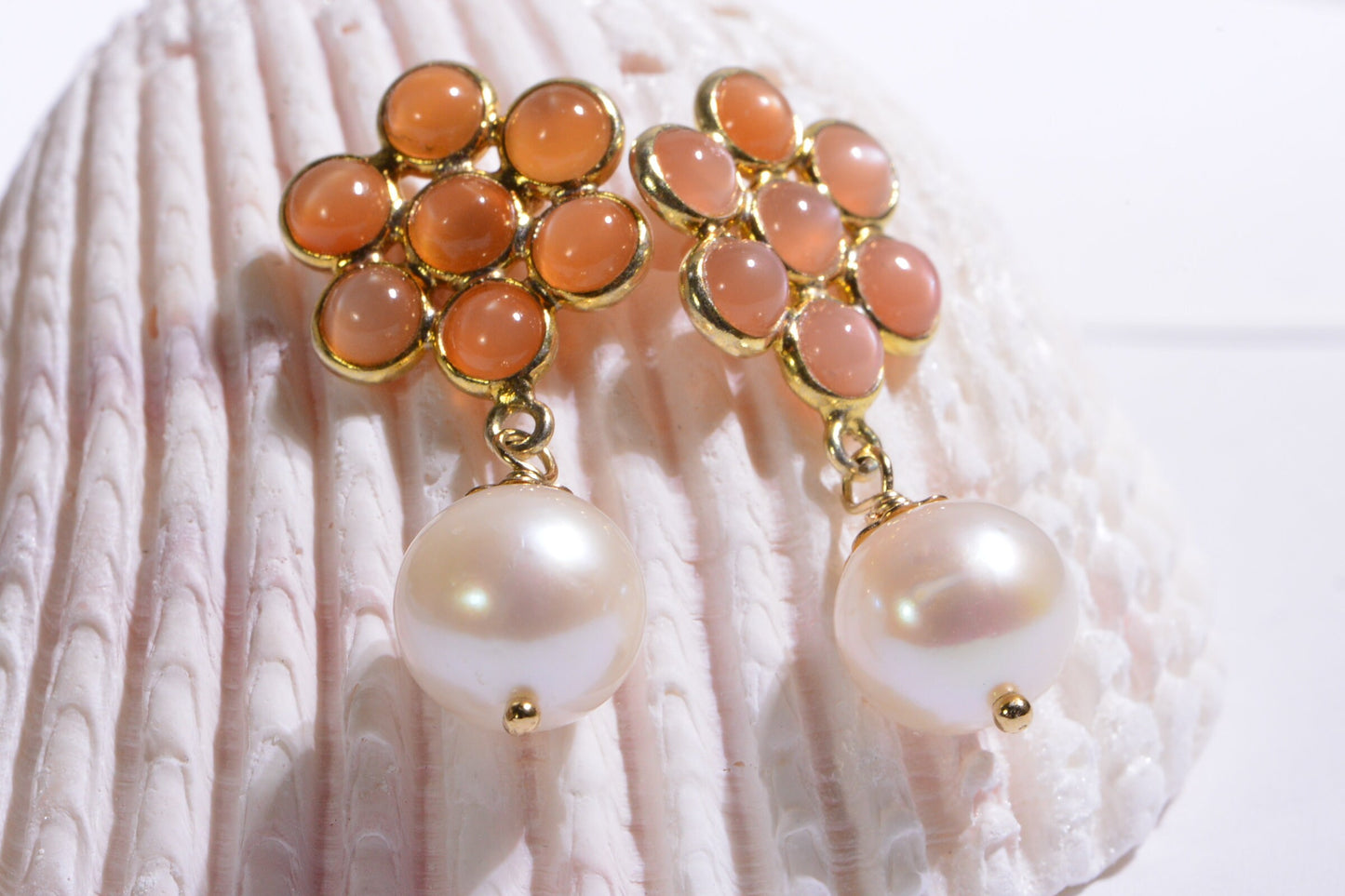 Moonstone Floral Drop Earrings, Pearl Dangle, June Birthstone