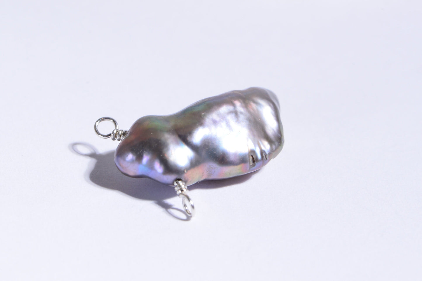 Rainbow Keshi Pearl Pendant, Sterling Silver Wire Wrapped, Baroque Connector