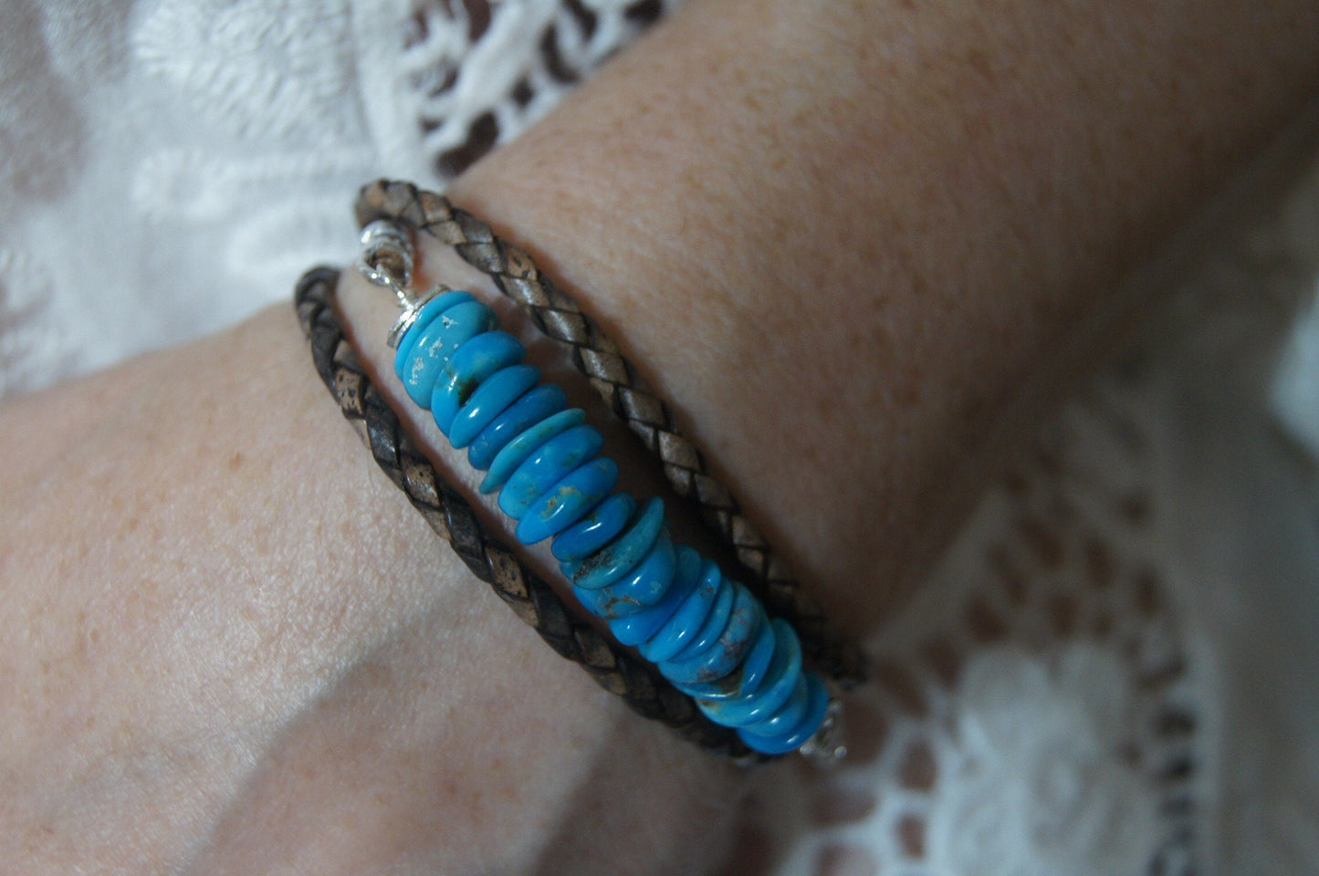 Sleeping Beauty Turquoise Leather Wrap Bracelet, Sterling Silver Clasp