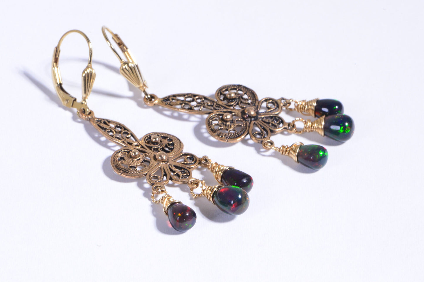 Black Opal Chandelier Earrings: 14K Gold Filled Wire Wrapped Jewelry