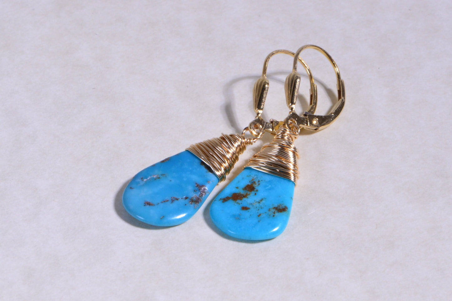 Kingman Turquoise Dangle Earrings, 14K Gold Filled Wire Wrapped