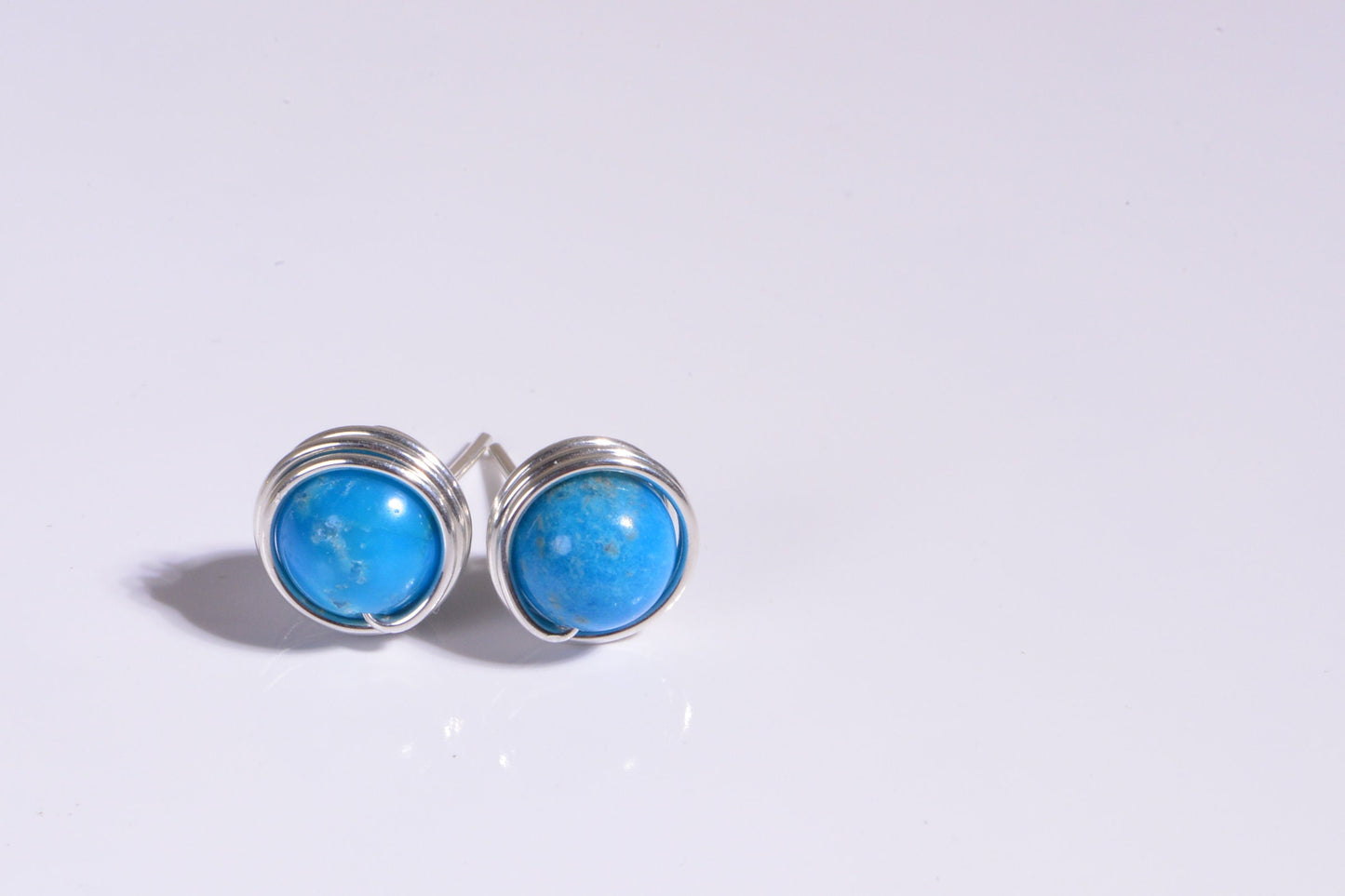Arizona Turquoise Stud Earrings, Sterling Silver Wire Wrapped, December Birthstone