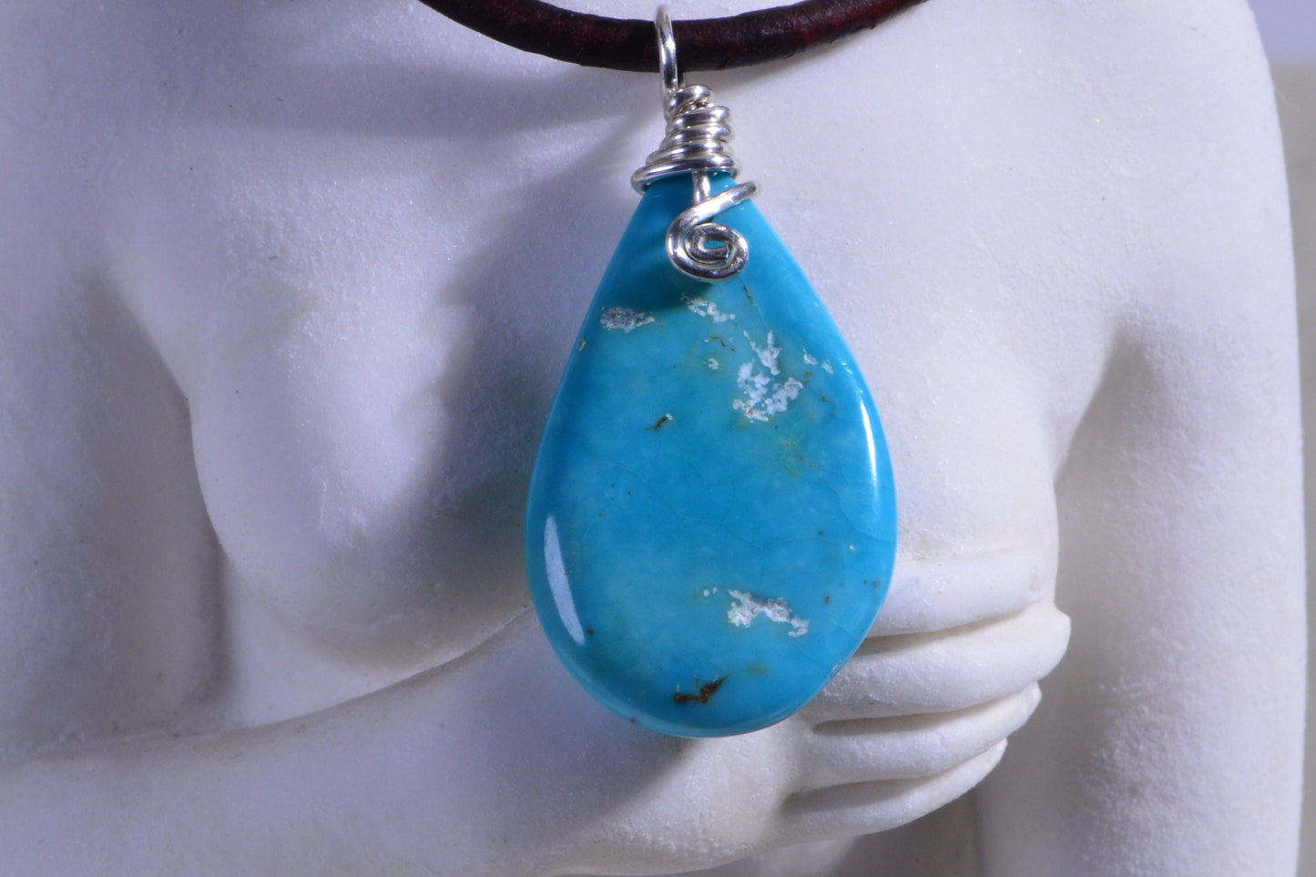 Sleeping Beauty Turquoise Necklace, Sterling Silver, Leather Cord