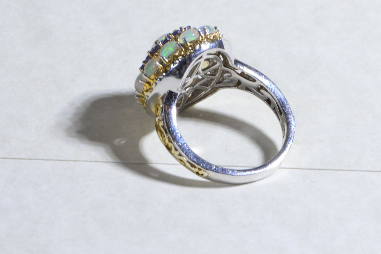 Ethiopian Opal Tanzanite Halo Ring, 24K Gold Plated Sterling Silver
