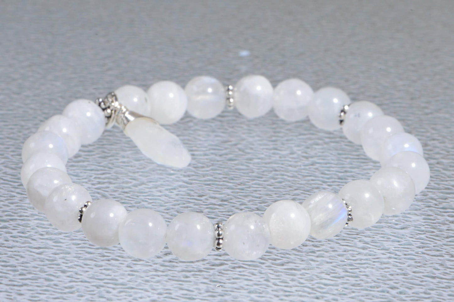 Blue Flash Moonstone Bracelet: Sterling Silver Chakra Mala, 7.5 Inch