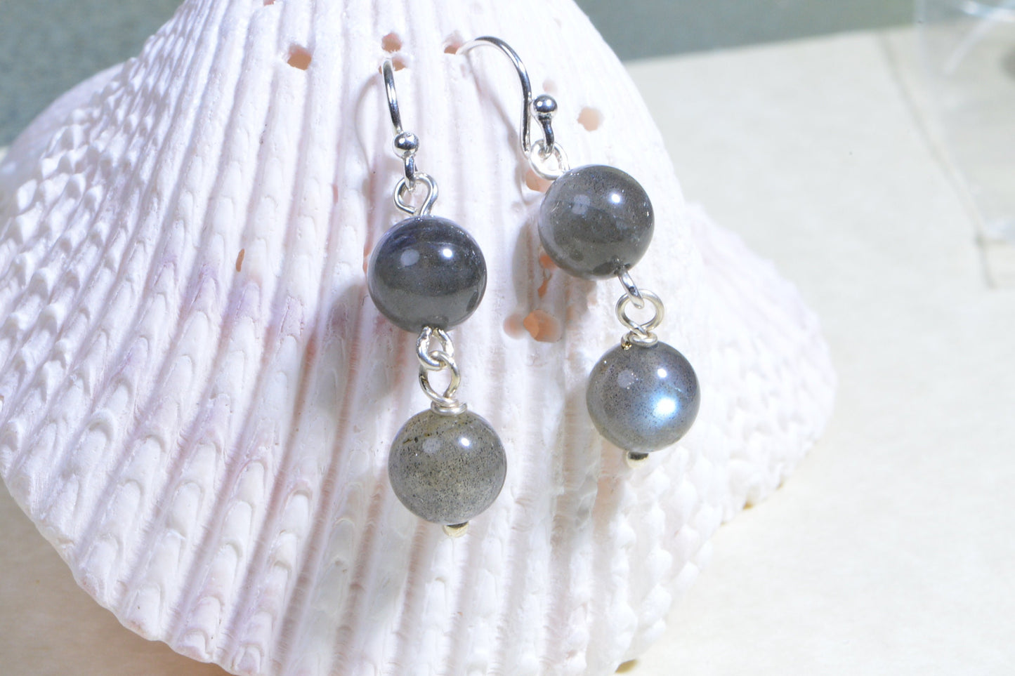 Blue Flash Labradorite Earrings, Wire Wrapped Sterling Silver, 1 inch