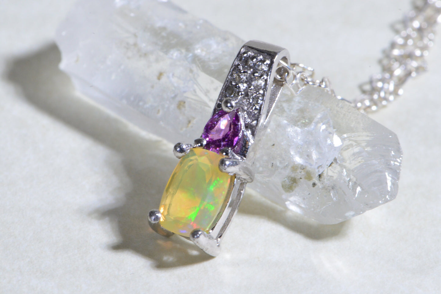 Ethiopian Opal Pendant: Sterling Silver, Garnet & Lab Diamond Accent