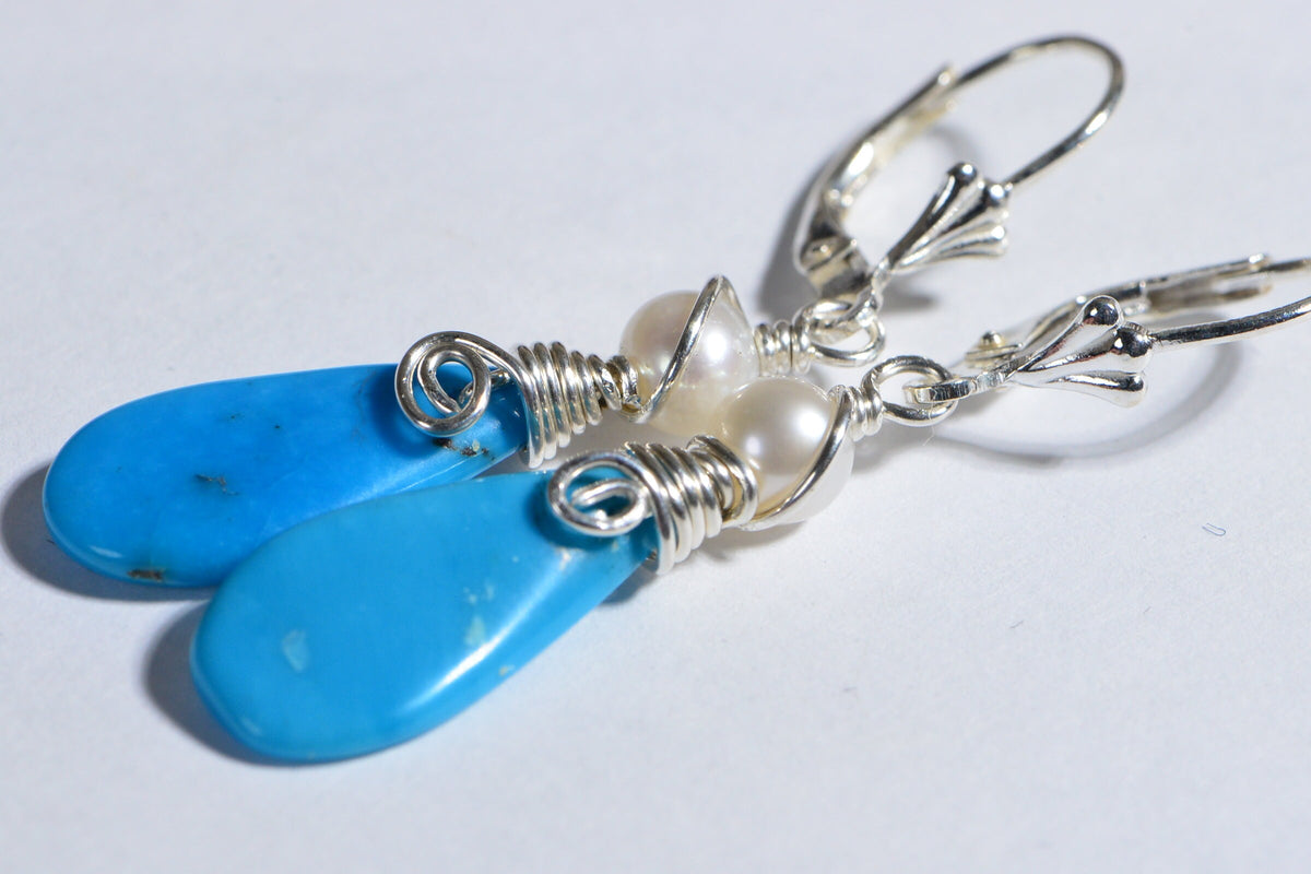 Sleeping Beauty Turquoise Earrings: Pearl Wire Wrapped Sterling Silver Teardrops
