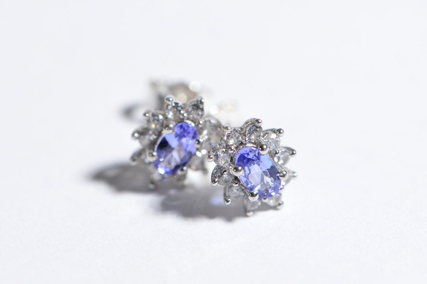 Vintage Tanzanite Stud Earrings, Diamond Halo, Sterling Silver