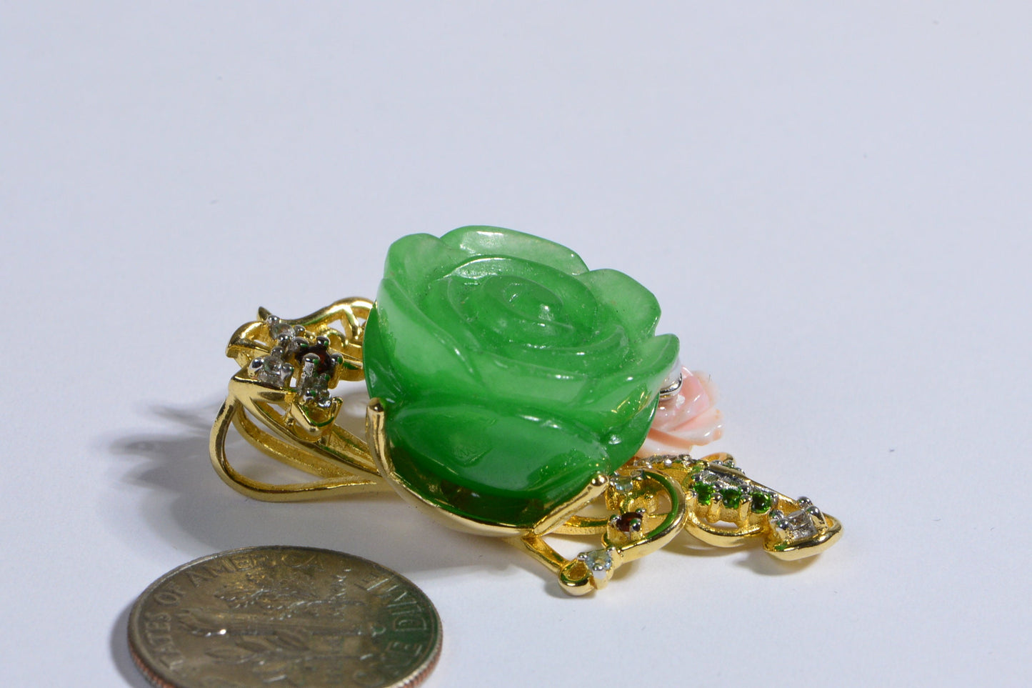 Green Jade Carved Rose Pendant, 14K Gold Over Sterling Silver
