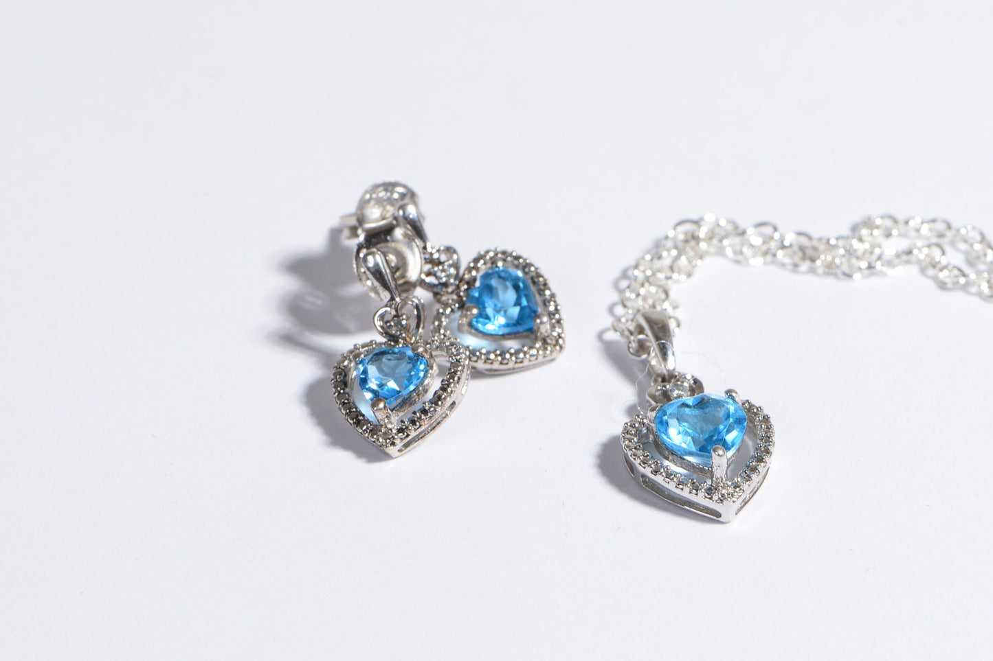 Blue Topaz Heart Studs Earrings And Pendant Topaz Jewelry Set Birthstone November.