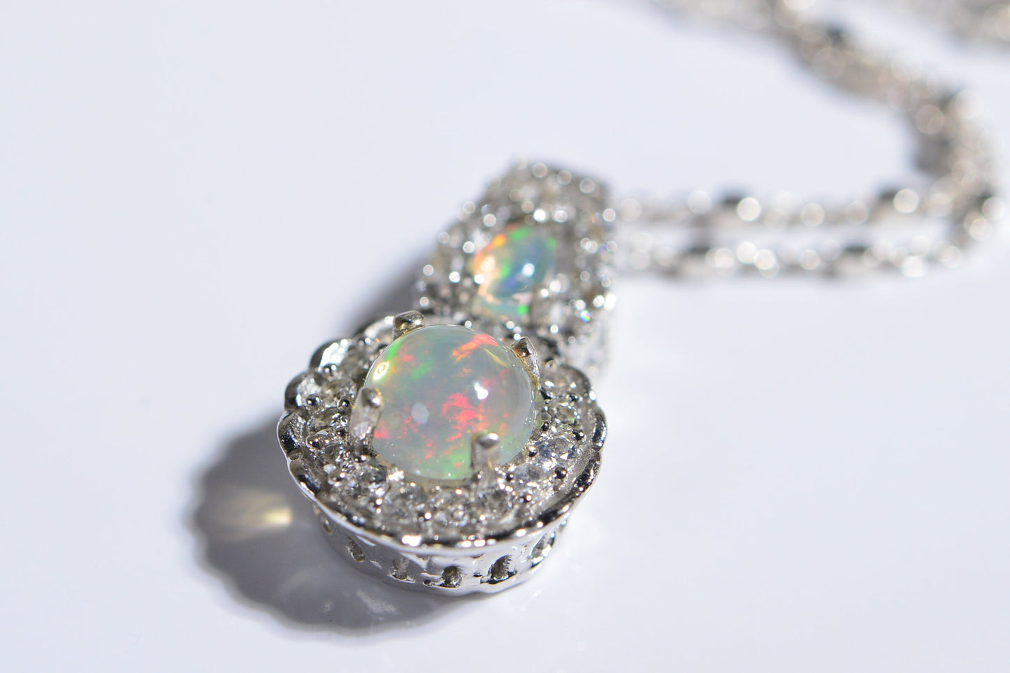 Ethiopian Opal Pendant, White Zircon Halo, Sterling Silver