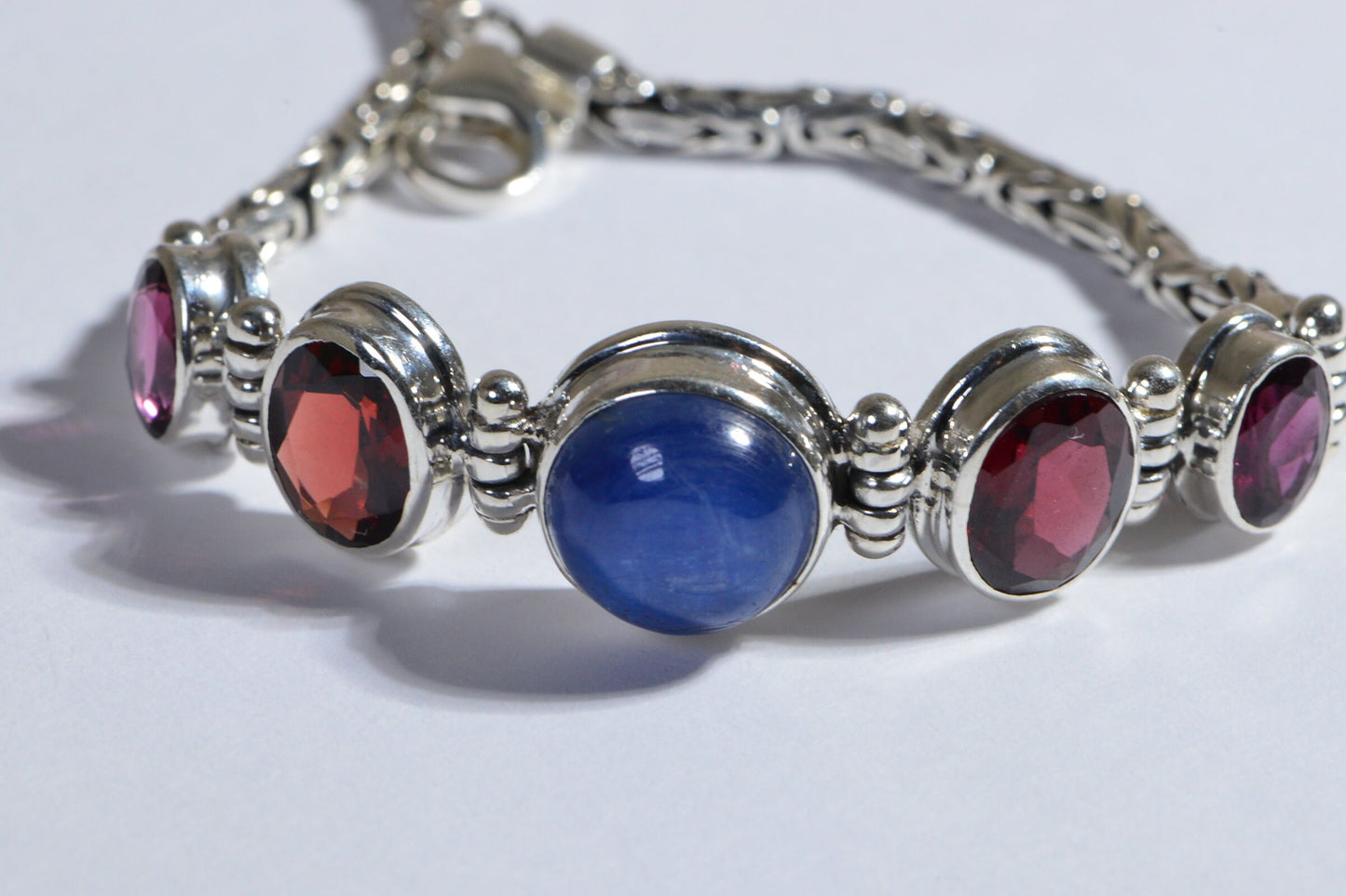 Rhodolite Garnet Blue Kyanite Multi stone Bracelet Byzantine Chain Bezel Setting Sterling Silver