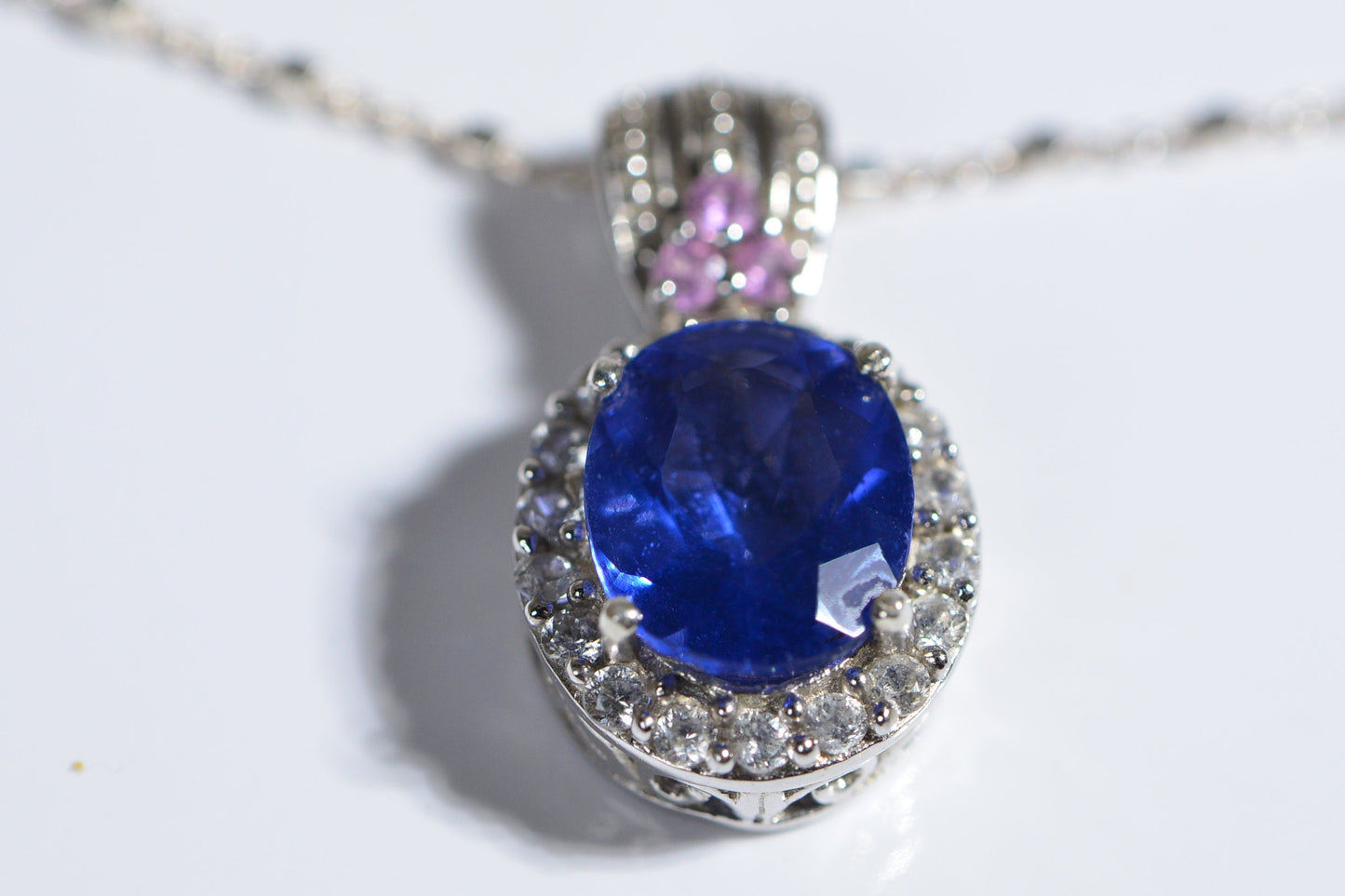 Color Change Fluorite Sterling Silver Pendant Necklace, White Topaz, Pink Sapphire
