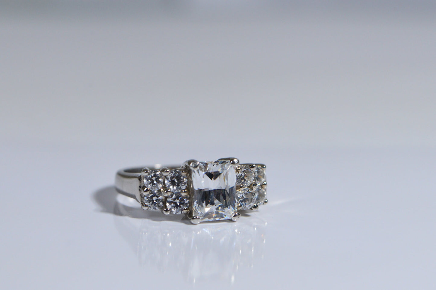 Emerald Cut White Zircon Ring: Rhodium Over Sterling Silver, Size 6 1/4