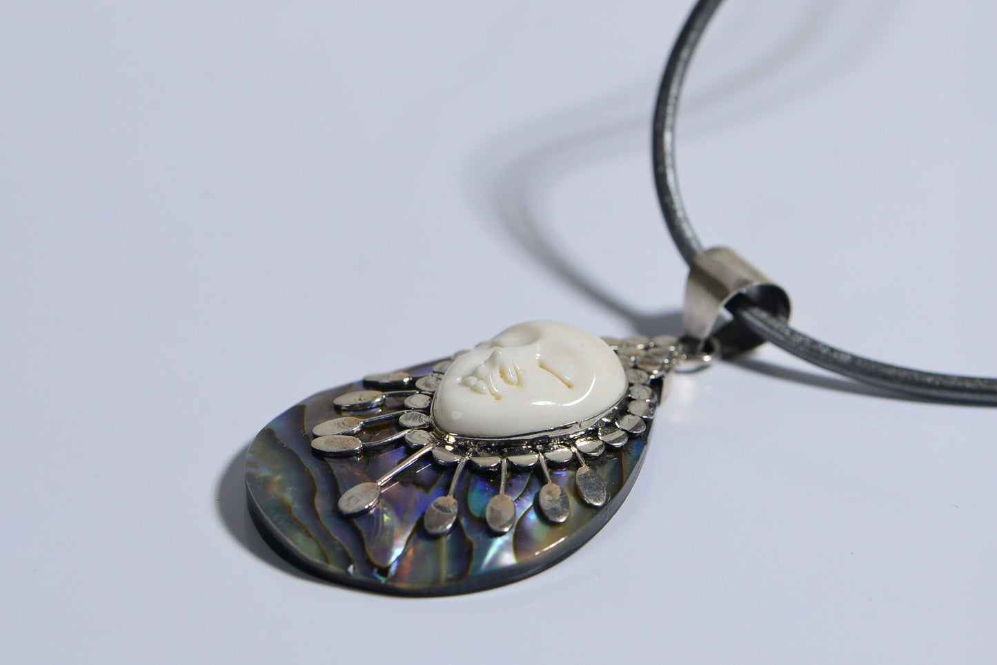 Abalone Shell Carved Bone Face Pendant Leather Necklace Sterling Silver Vintage Jewelry