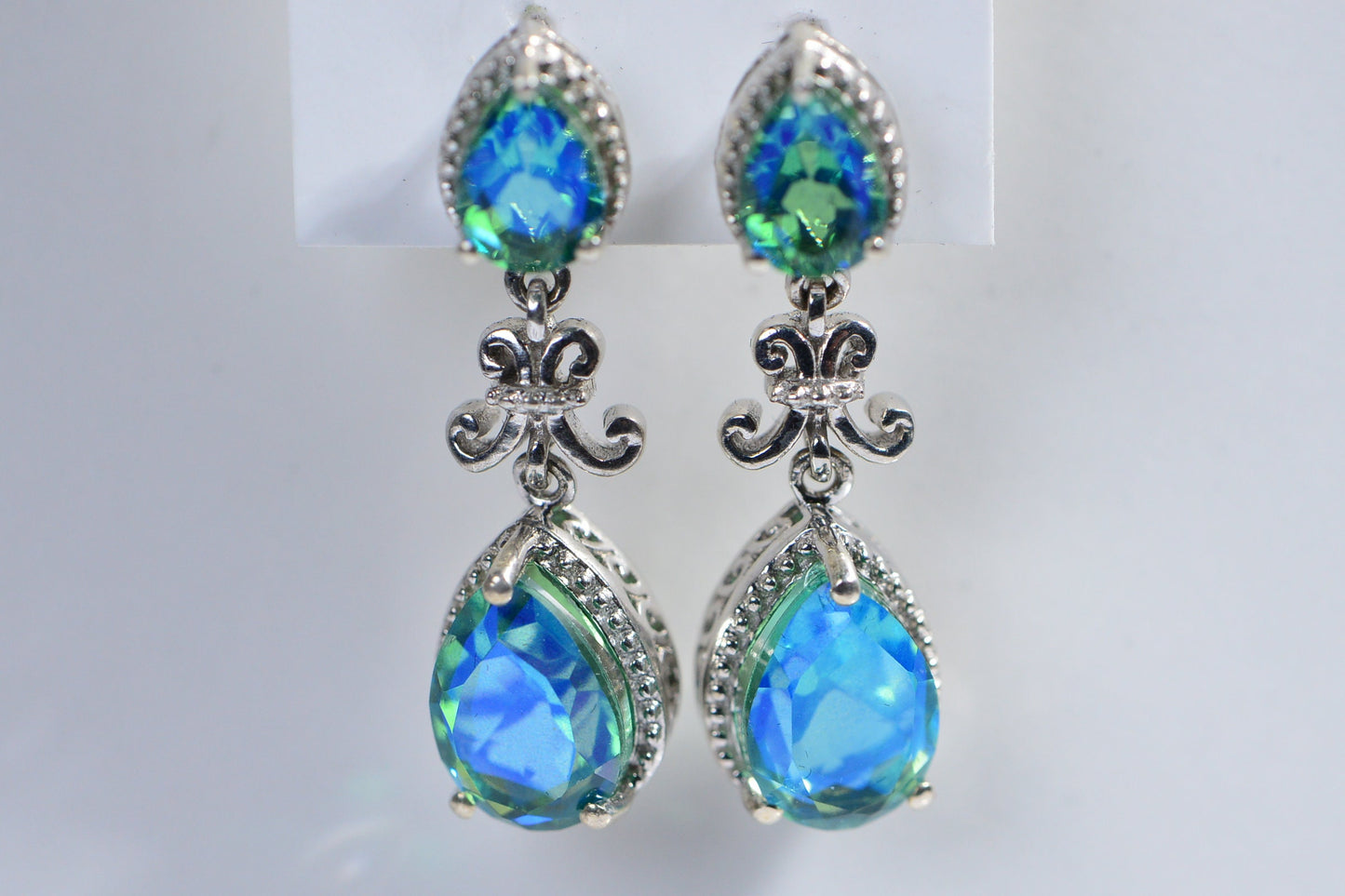 Teardrop Blue Green Quartz Dangle Earrings, Sterling Silver Filigree