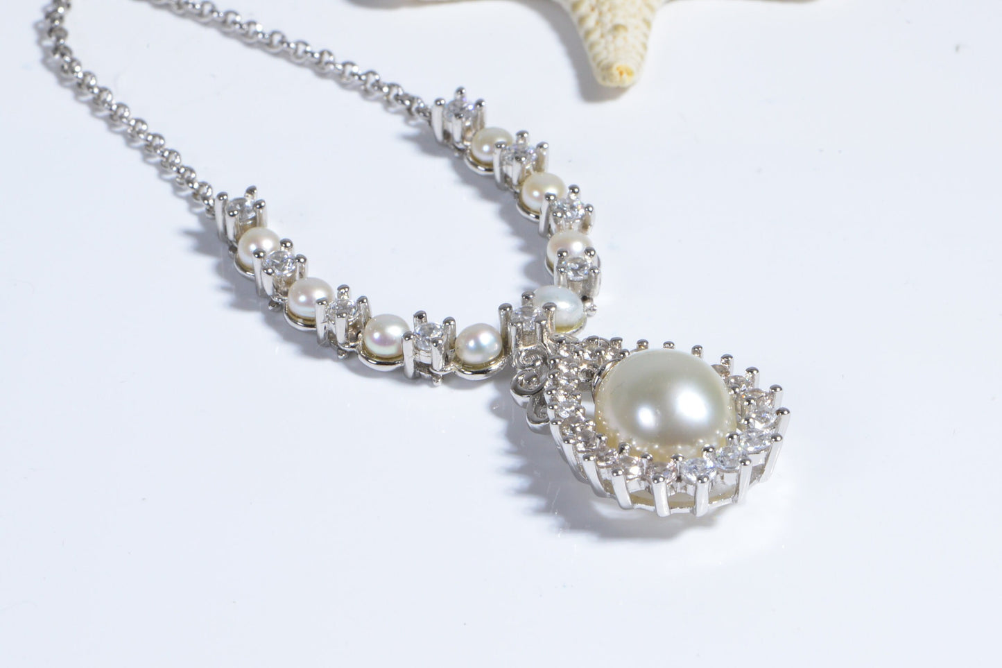 Tahitian White Pearl Natural Zircon Necklace Rhodium Over Sterling silver