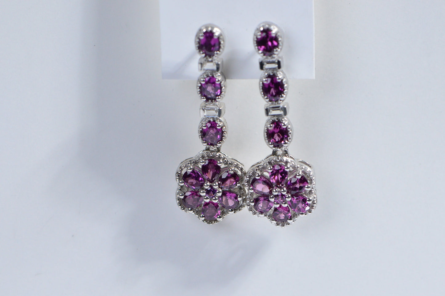 Rhodolite Garnet Earrings, Sterling Silver Flower Cluster, 6 Carat