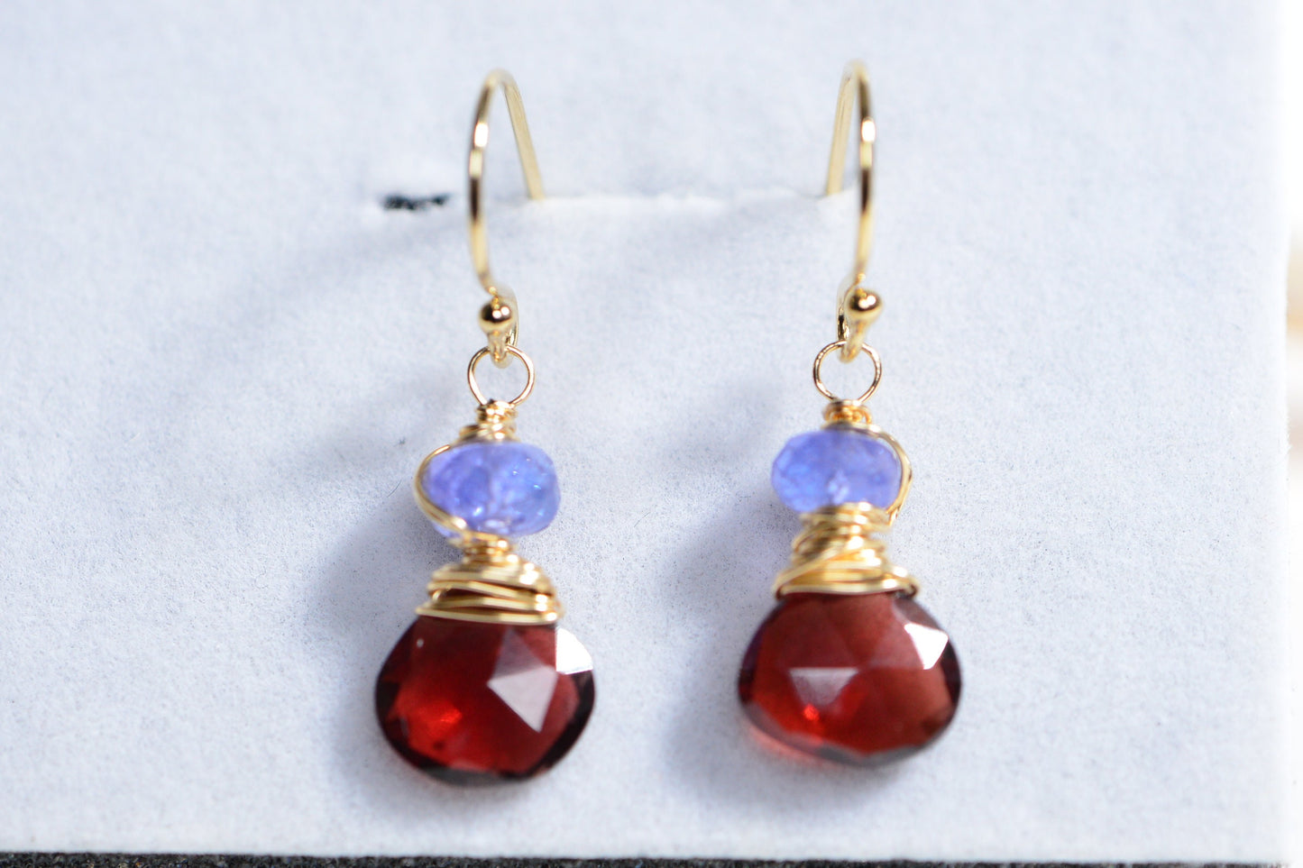 Tanzanite Garnet 14K Gold Wire Wrapped Earrings Multi stone Small Earrings Birthstone February