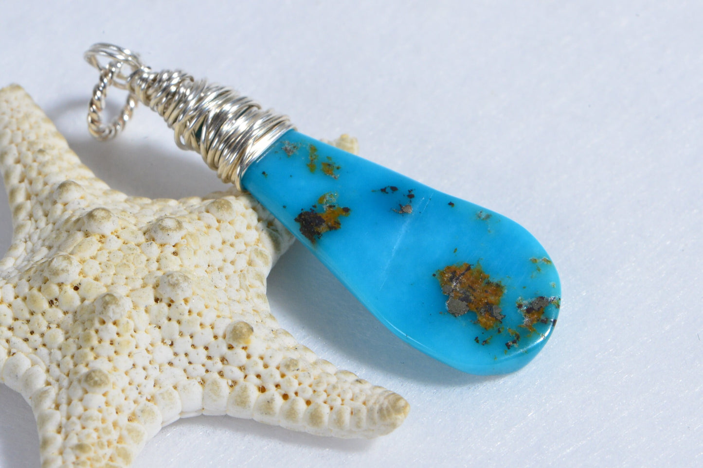 Raw Slab Arizona Sleeping Beauty Turquoise Drop Pendant Wire Wrapped Sterling silver Birthstone Charm