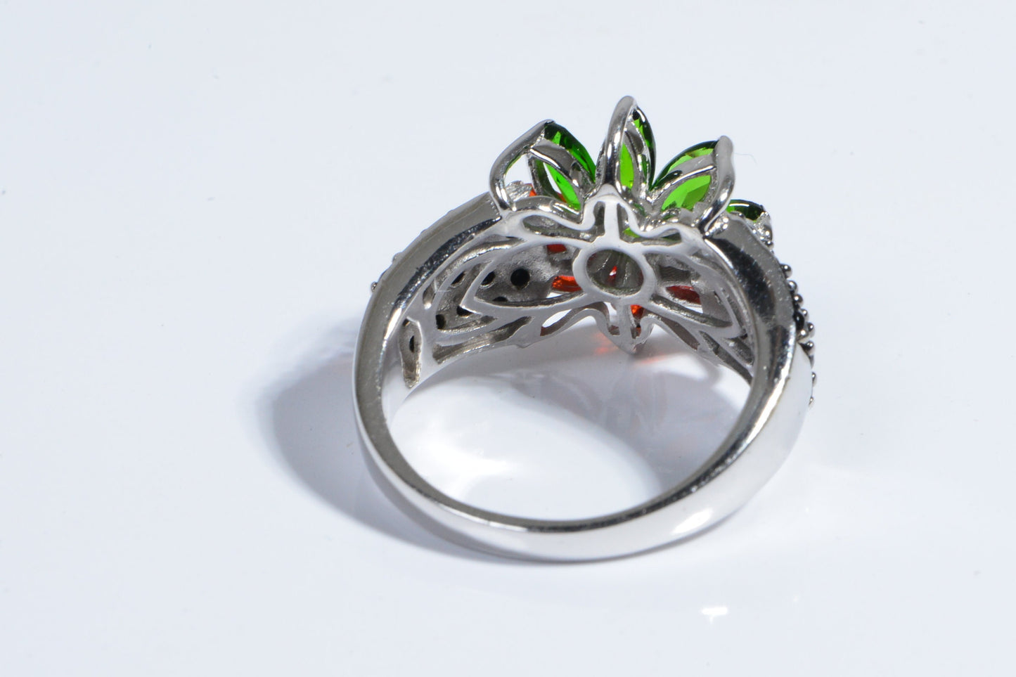 Mexican Fire Opal Flower Ring, Chrome Diopside, Black Spinel, Sterling Silver